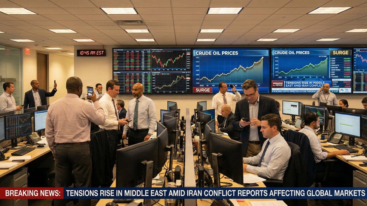 Trading floor with oil price surge and Iran war news tickers