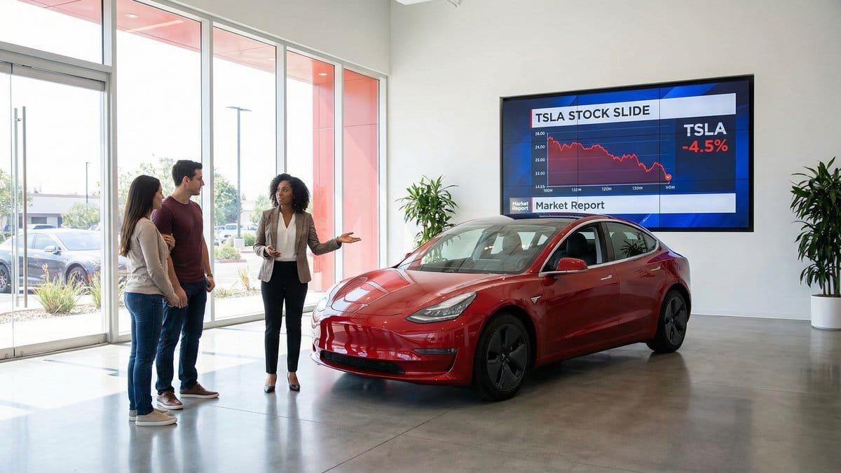 Tesla showroom with stock price decline chart