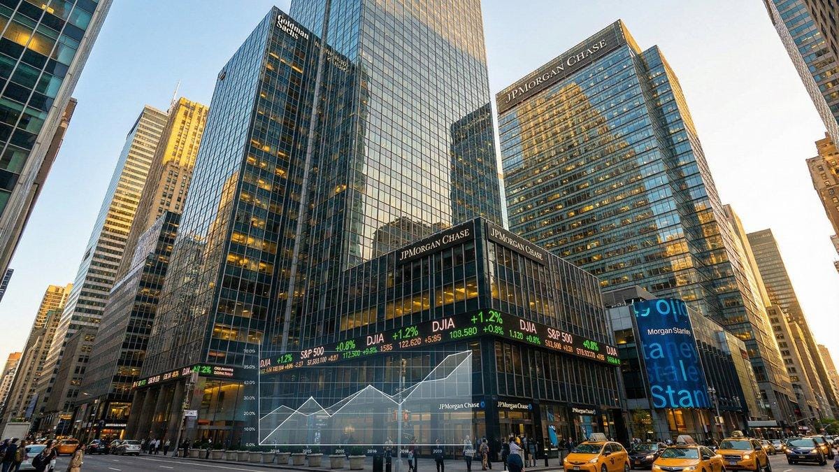Wall Street financial district with Goldman Sachs and JPMorgan Chase buildings