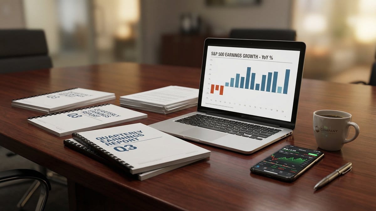 Quarterly earnings reports and S&P 500 earnings growth data on laptop screen