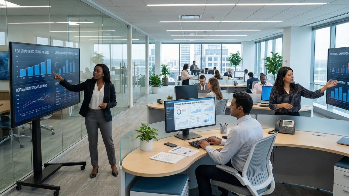Financial analysts reviewing Q1 2026 early earnings results including Levi Strauss DTC growth and Delta Air Lines data