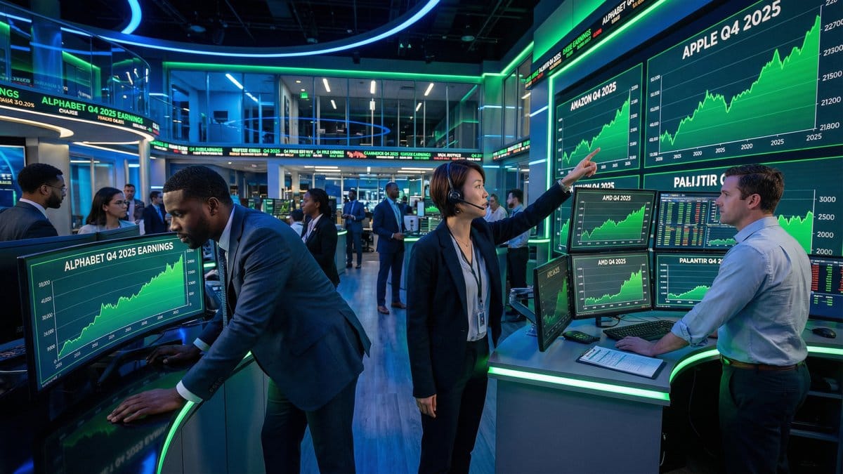 Financial analysts monitoring Q4 2025 earnings results for Alphabet, Amazon, Apple, AMD, and Palantir