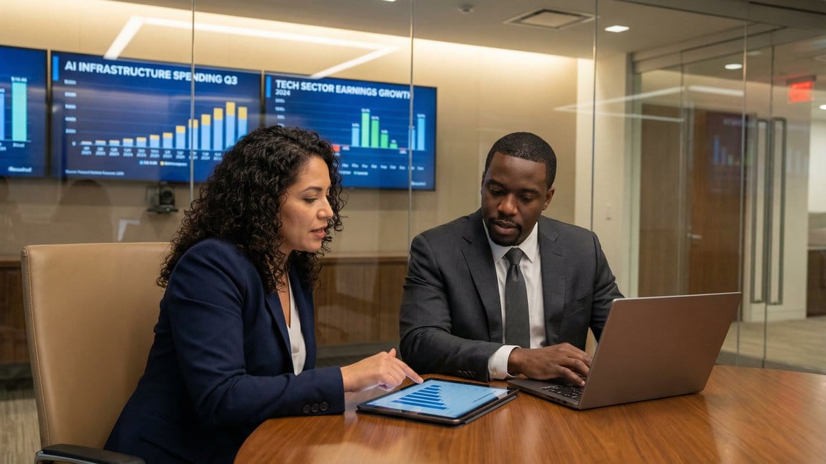 Investment professionals reviewing AI infrastructure spending charts and tech sector earnings growth