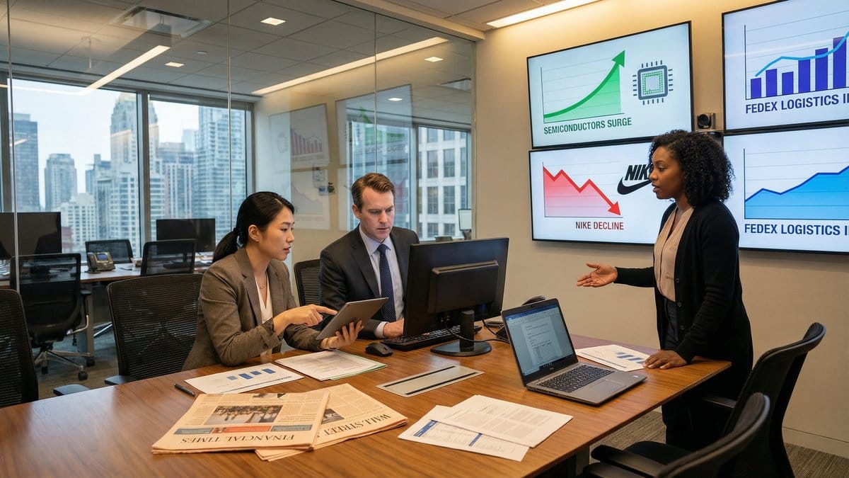 Investment professionals reviewing late-cycle earnings season reports with mixed sector results