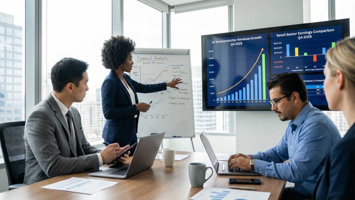 Financial analysts presenting AI semiconductor revenue growth and retail sector earnings comparisons