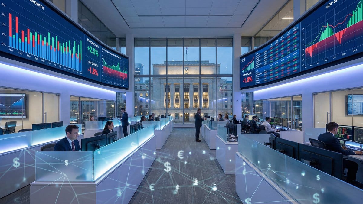 Economic data analysis showing financial markets and trading floor with Federal Reserve building in background