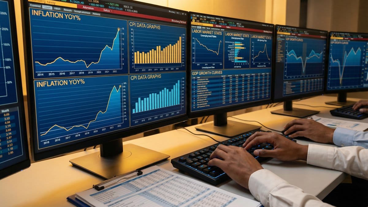Financial analyst reviewing CPI inflation data, labor market statistics, and GDP growth charts on multiple monitors
