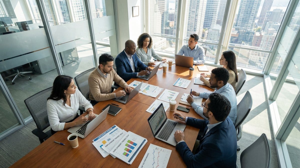 Diverse team of financial analysts reviewing labor market and employment data charts in a modern conference room