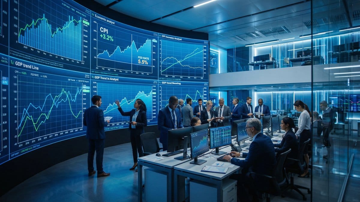 Financial analysts reviewing economic data on large trading floor screens showing CPI, GDP, and Federal Reserve rate indicators