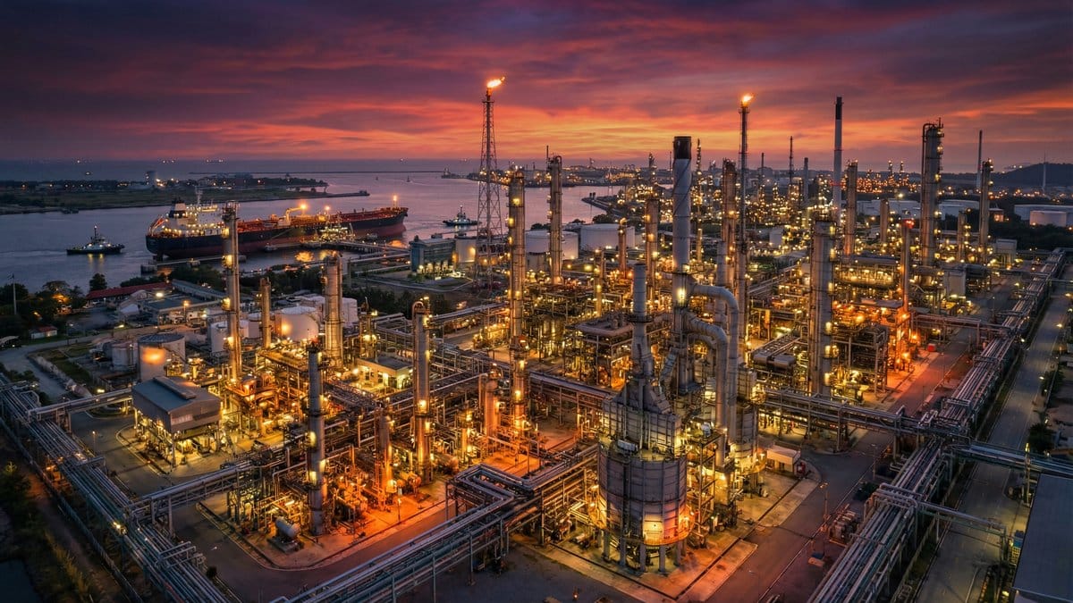 Oil refinery complex at dusk with industrial infrastructure and tanker ship