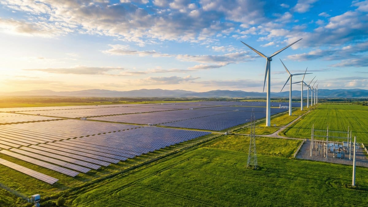 Solar farm and wind turbines in a green field at golden hour representing clean energy transition
