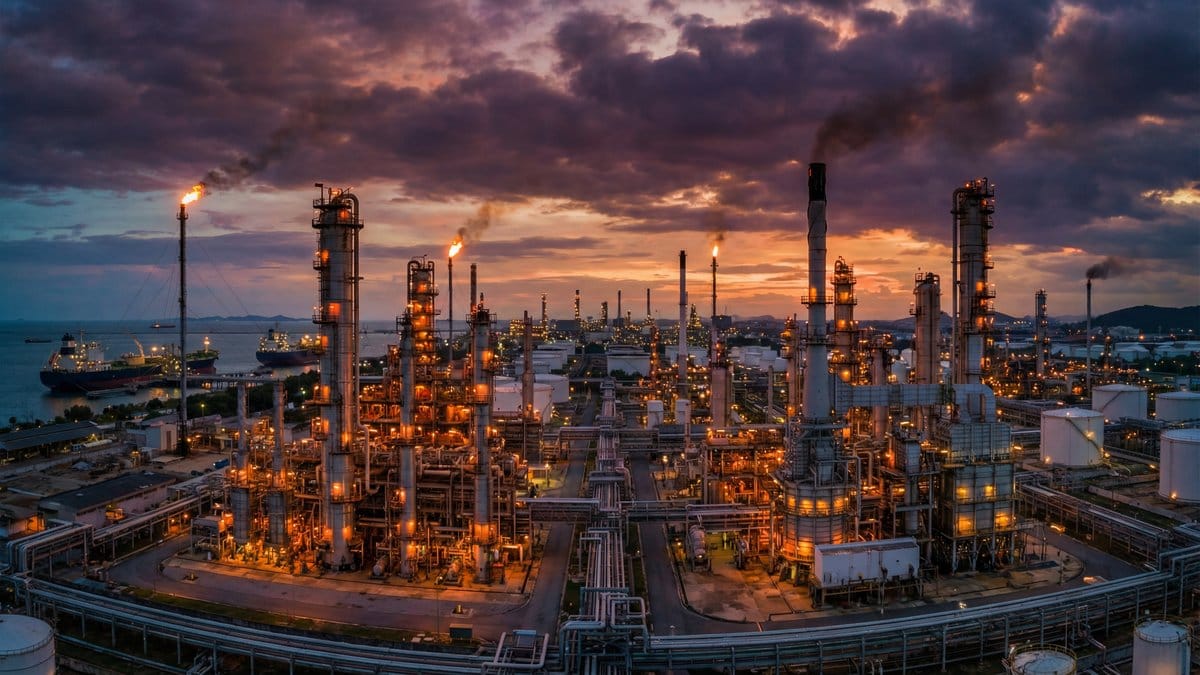 Oil refinery complex at dusk representing the global energy market amid geopolitical tensions
