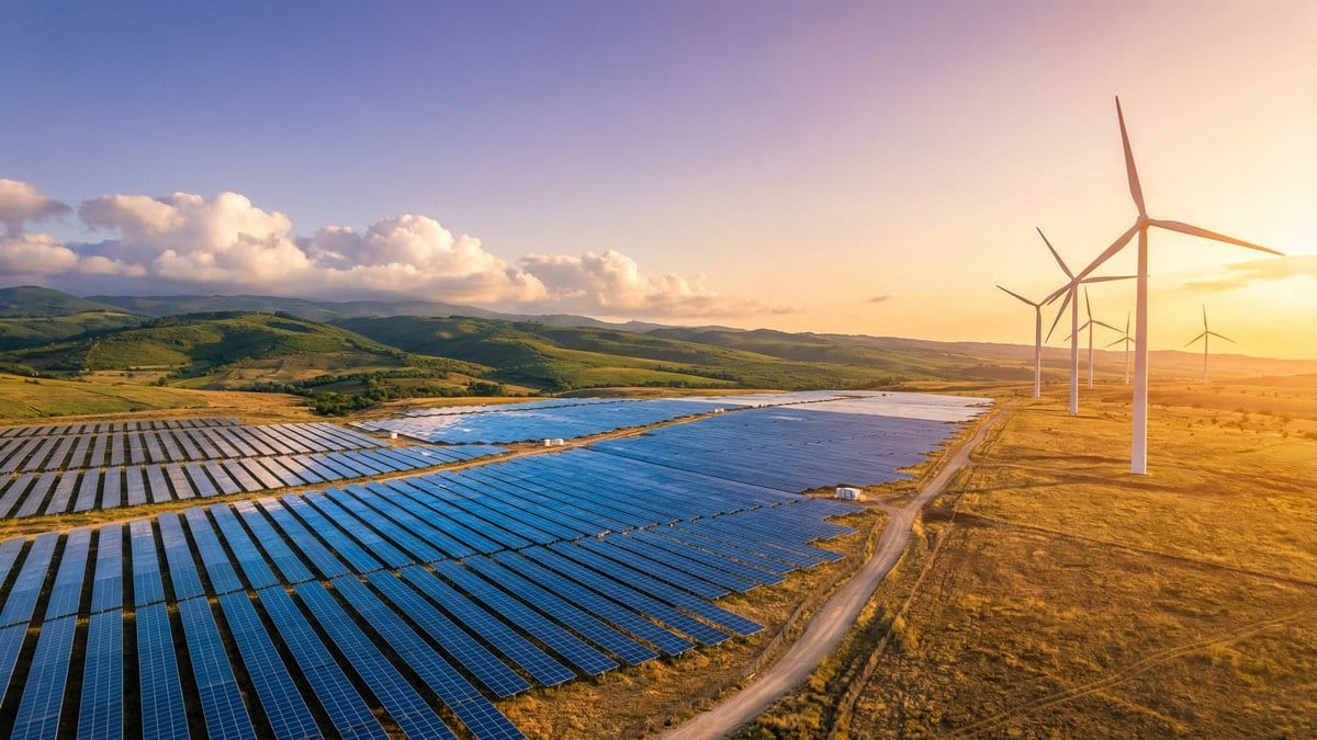 Solar farm and wind turbines representing the renewable energy transition