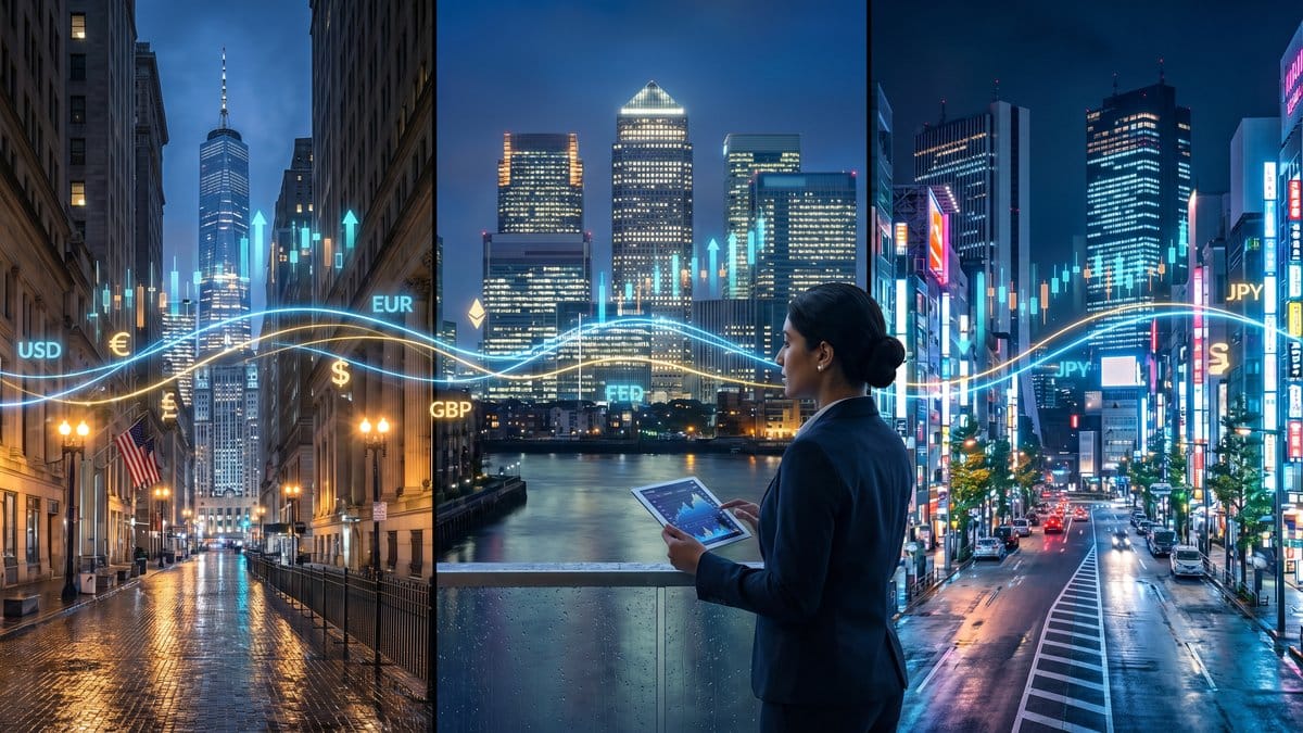 Global financial markets overview showing New York Wall Street, London Canary Wharf, and Tokyo financial districts connected by digital data streams — April 22 2026