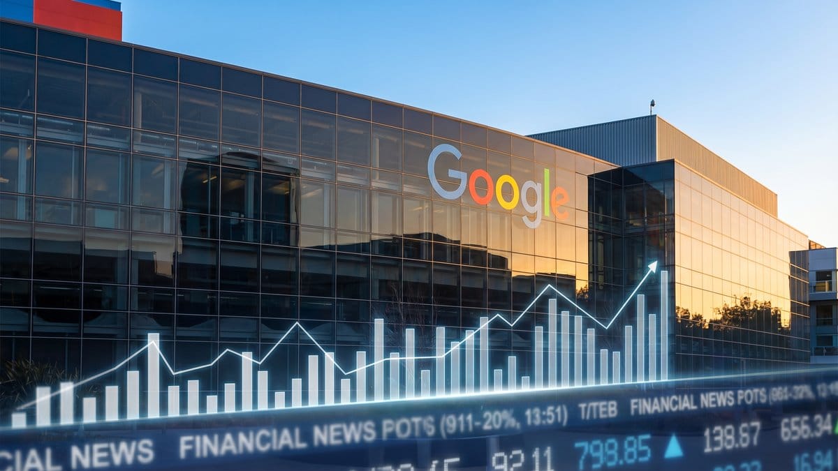 Alphabet Google headquarters with financial chart overlay showing stock growth