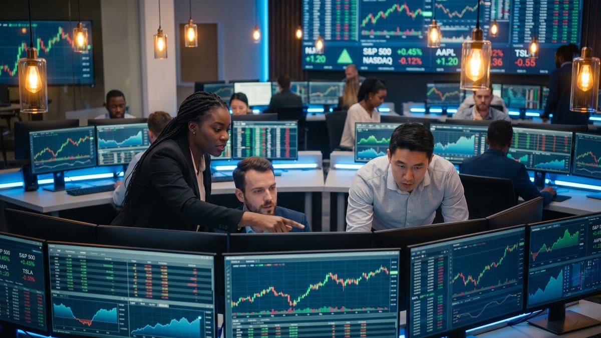 Diverse team of financial analysts monitoring stock market data on multiple screens showing S&P 500 and Nasdaq charts — Daily Market Report April 22 2026