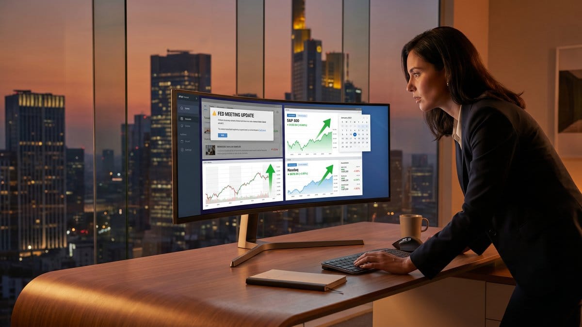 Financial analyst reviewing stock market dashboard with S&P 500 and Nasdaq charts and Fed meeting update