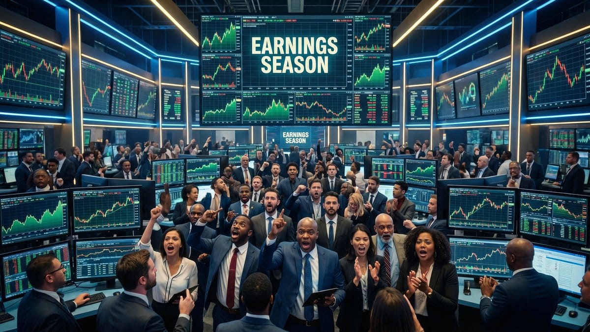 Stock exchange trading floor with diverse traders monitoring financial screens during earnings season