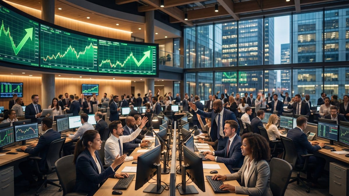 Busy financial trading floor with diverse traders and green market charts - Week of March 30, 2026