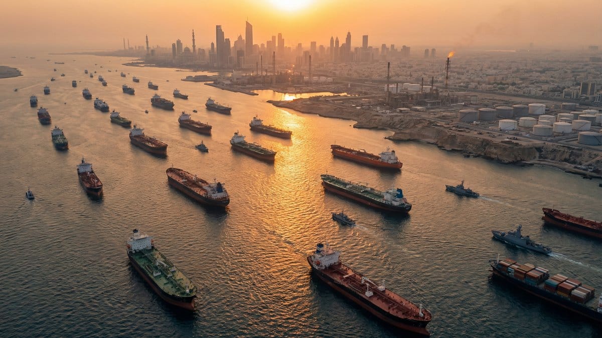 Oil tankers navigating the Strait of Hormuz amid US-Iran geopolitical tensions affecting global energy markets