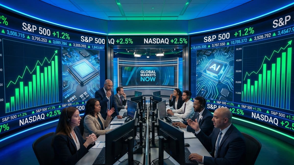 S&P 500 and Nasdaq trading floor with AI chip graphics showing market rally April 27 2026
