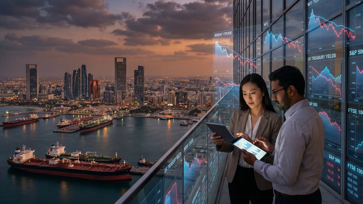 Middle East harbor with oil tankers and financial analysts reviewing crude oil prices and global market indices April 2026