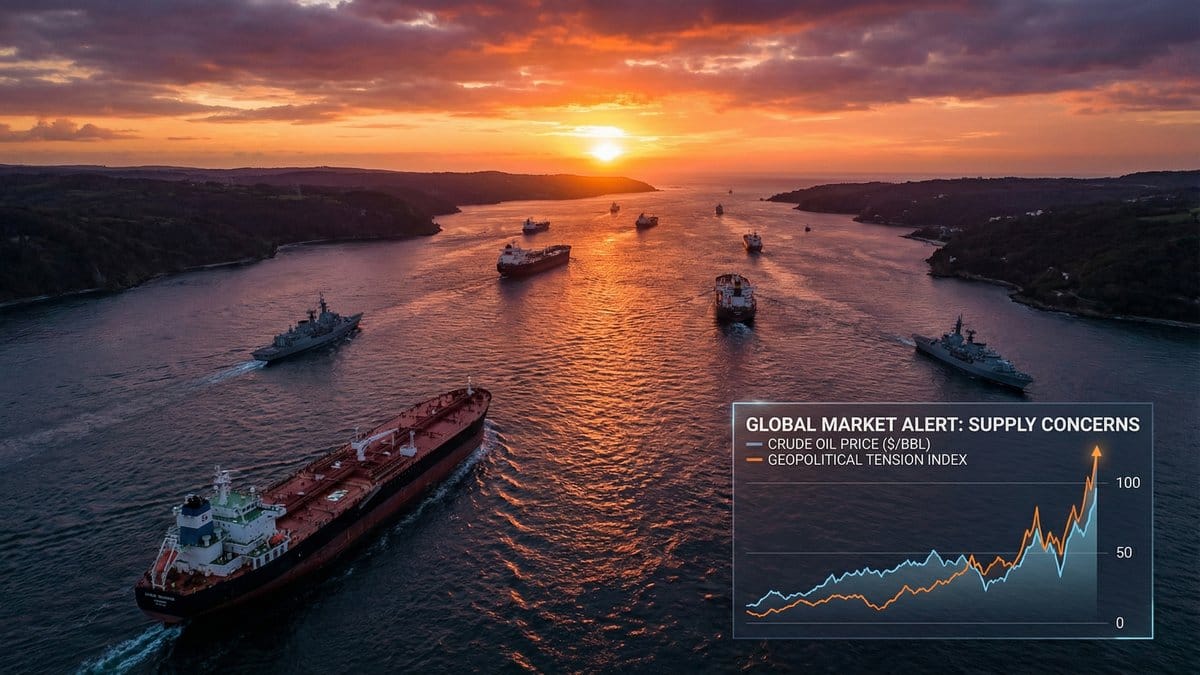 Oil tankers in the Strait of Hormuz as Brent crude surges to four-year highs amid geopolitical tensions - April 30, 2026