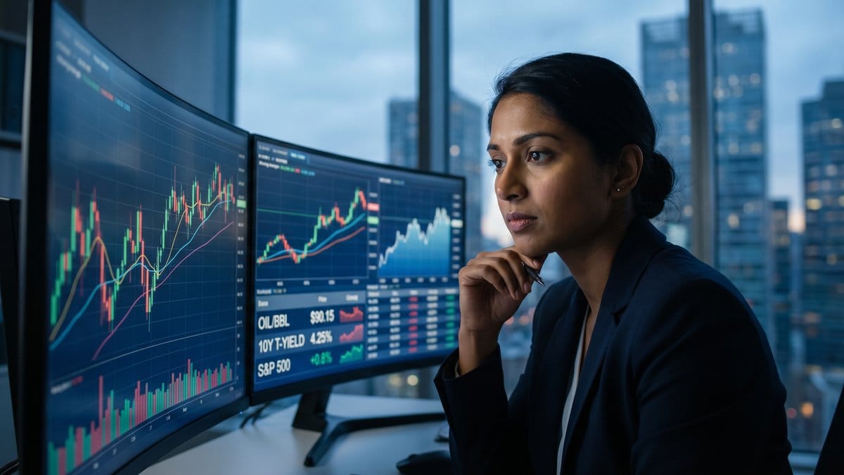 Professional trader analyzing stock market charts and financial data on multiple monitors