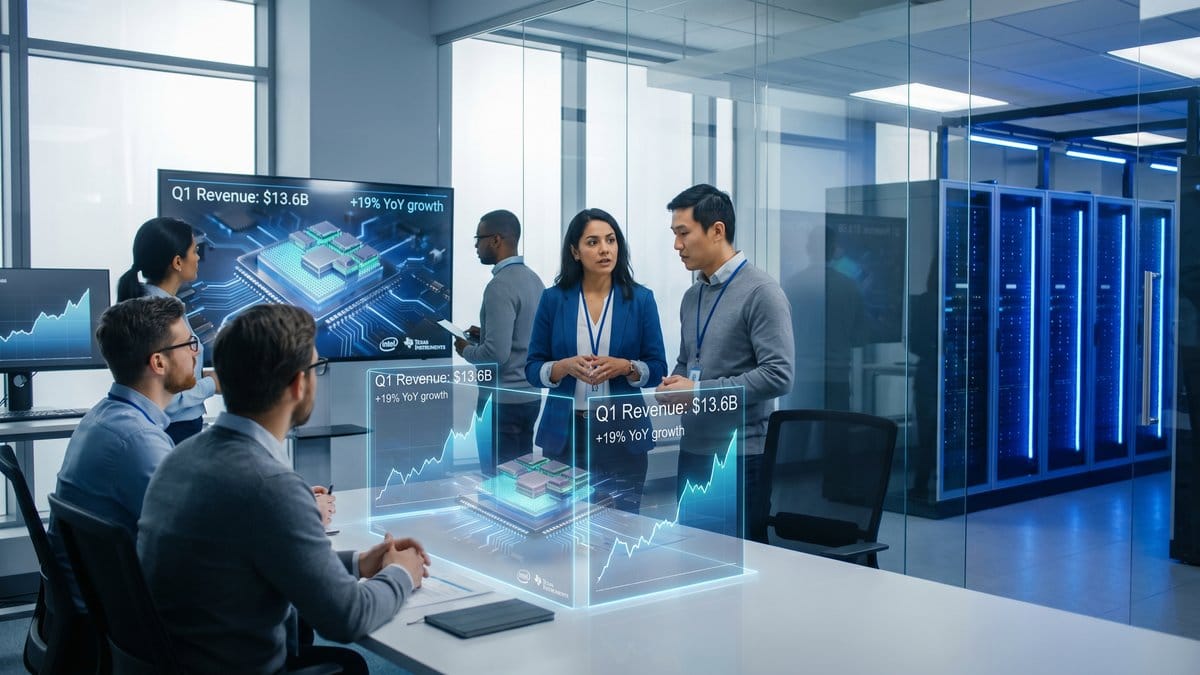 Diverse semiconductor engineers and investors examining strong Q1 tech earnings and AI data center growth charts