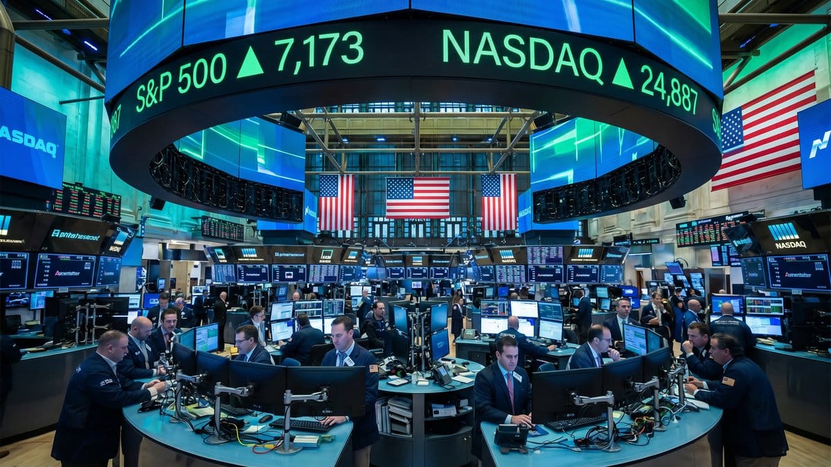Stock market trading floor with S&P 500 and Nasdaq index levels - April 28, 2026