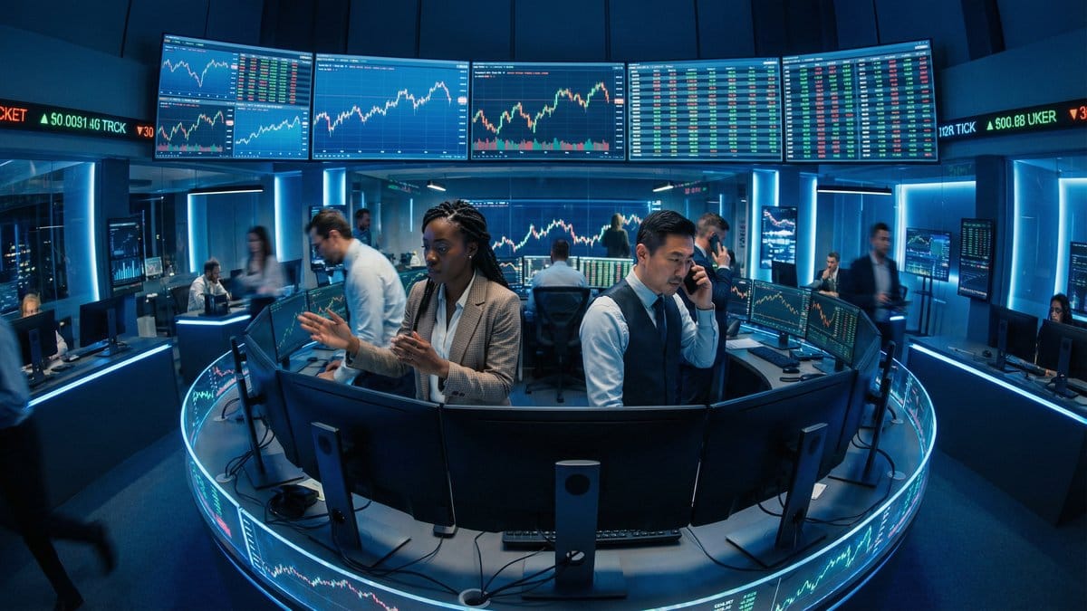 Professional financial trading floor with diverse traders monitoring stock market data on multiple screens