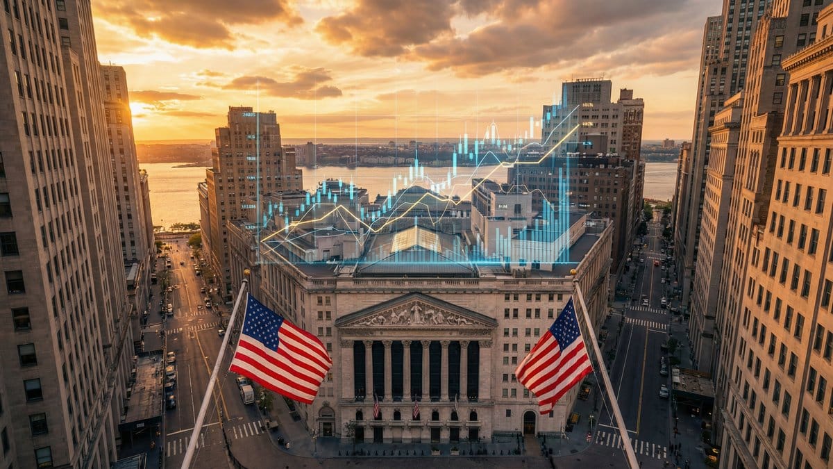 Aerial view of Wall Street and the New York Stock Exchange with digital stock market charts overlay at sunset