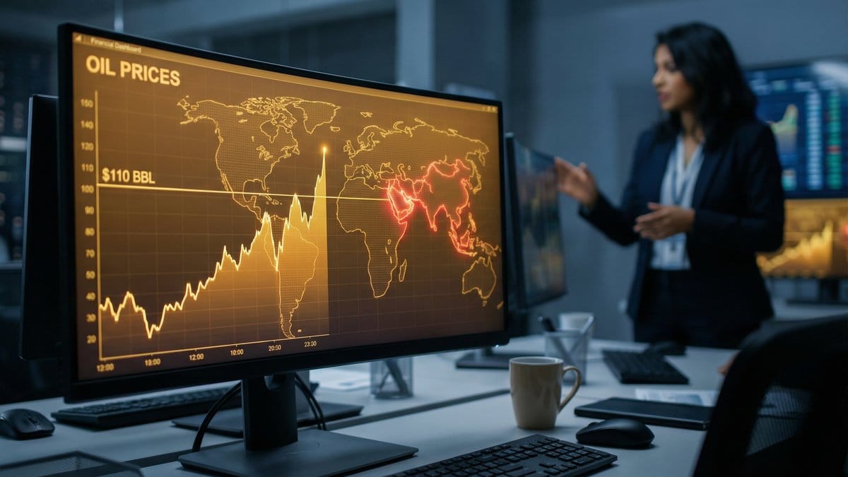 Financial data dashboard showing oil price charts spiking upward with Middle East map overlay