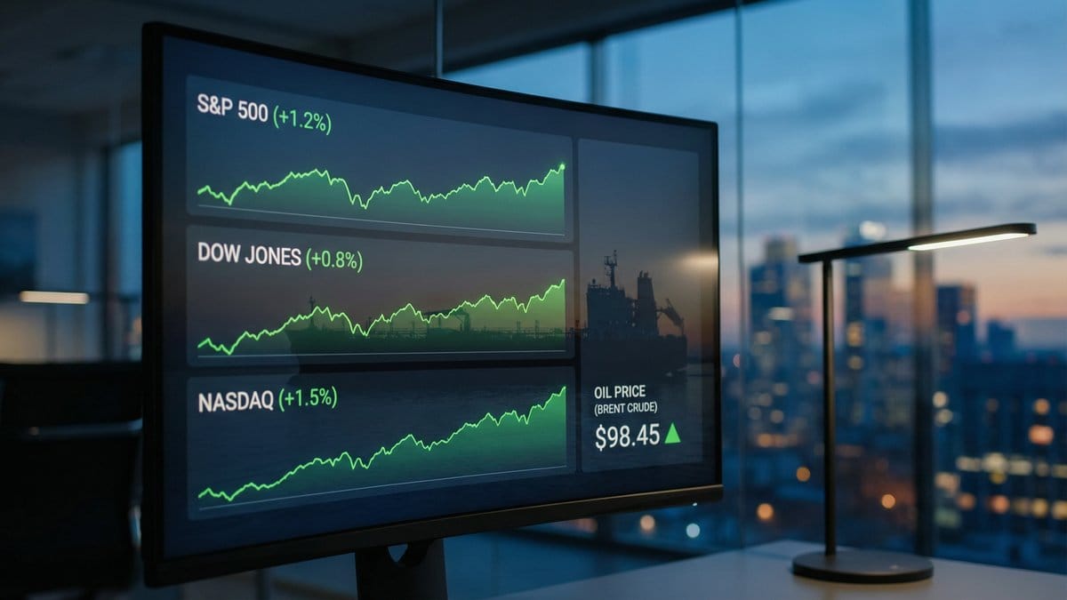 Financial dashboard showing S&P 500, Dow Jones, and Nasdaq performance charts with oil price indicator near $98 per barrel