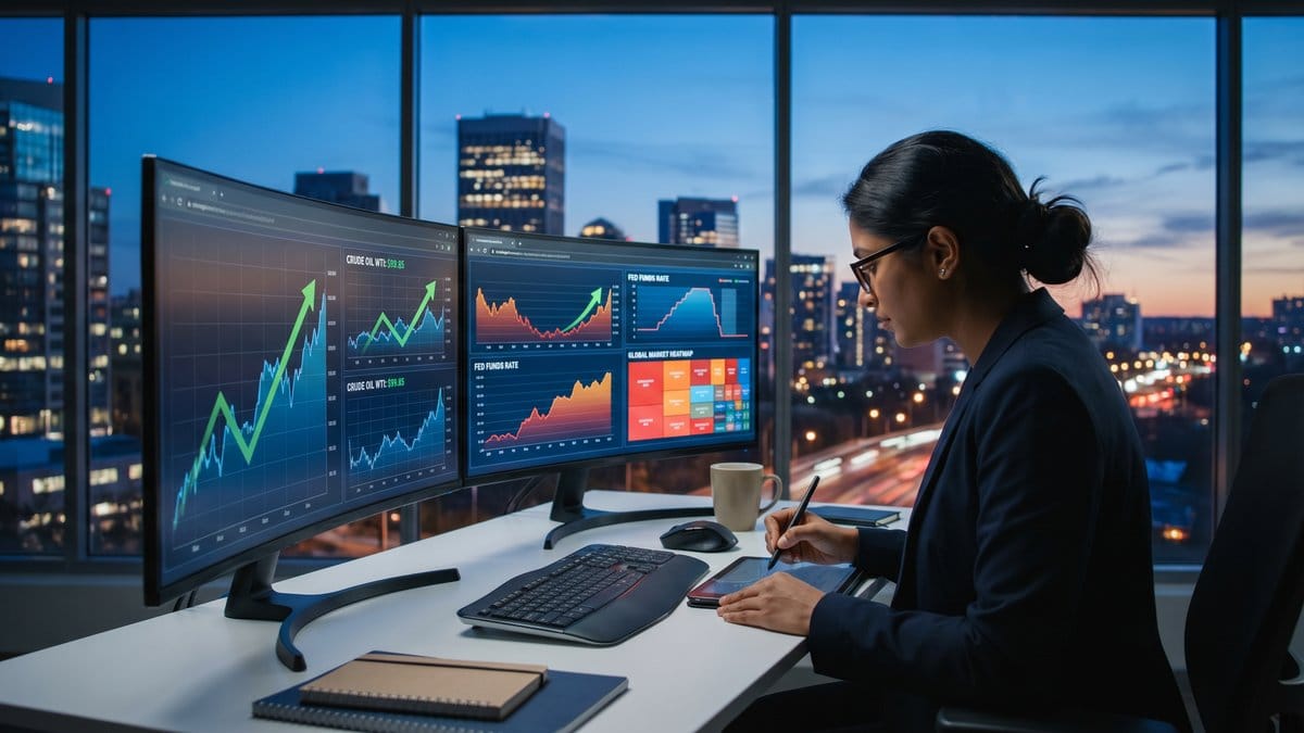 Financial analyst reviewing oil price charts, Fed rate data, and global market heatmap