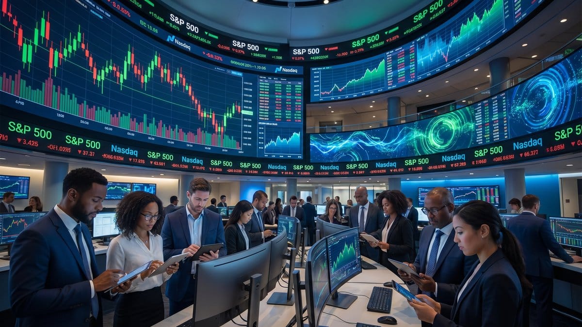 Stock market trading floor with analysts reviewing financial data on digital screens