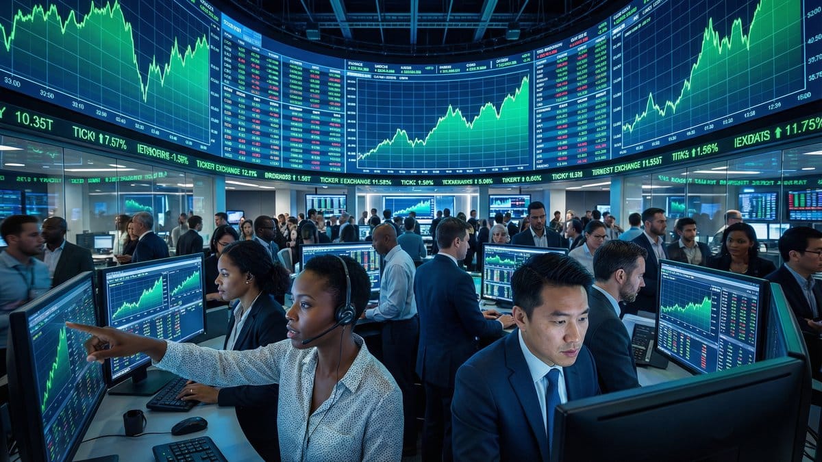 Stock exchange trading floor showing diverse traders monitoring green upward-trending market charts
