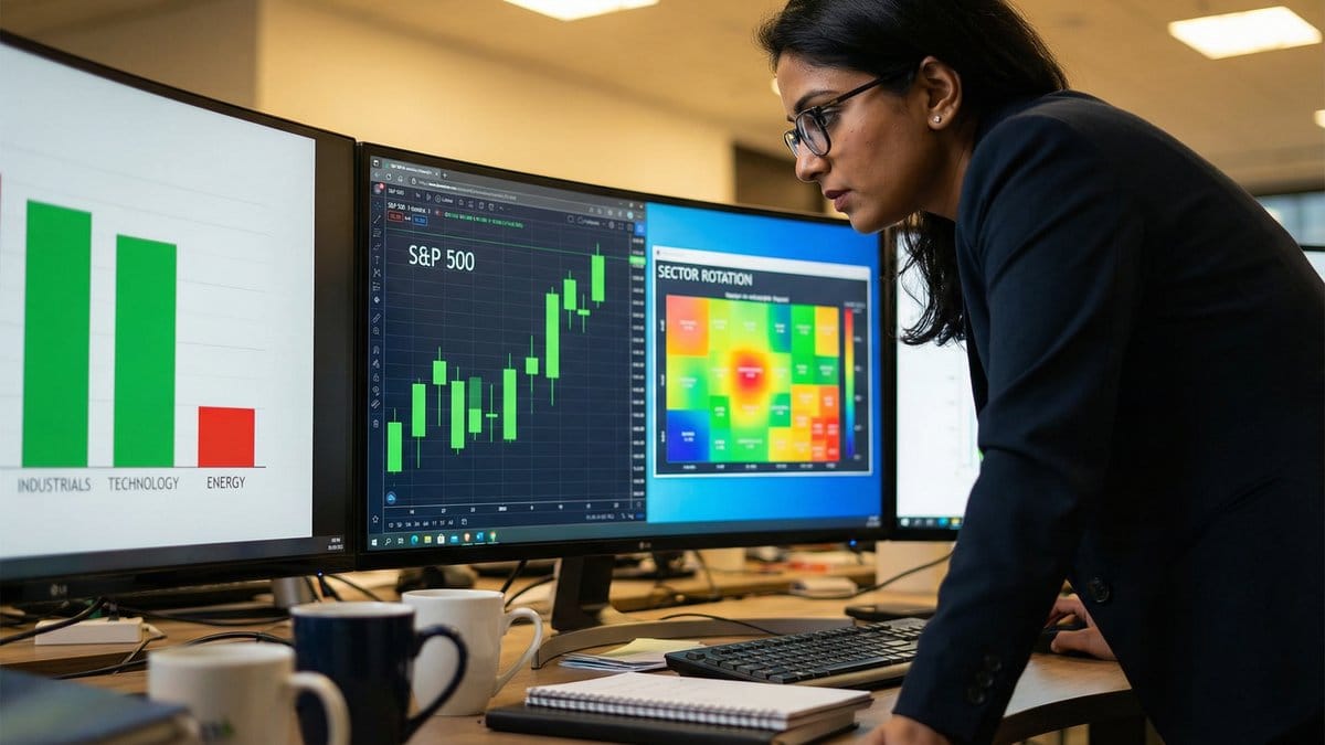 Financial analyst reviewing sector performance charts and S&P 500 candlestick data on multiple monitors