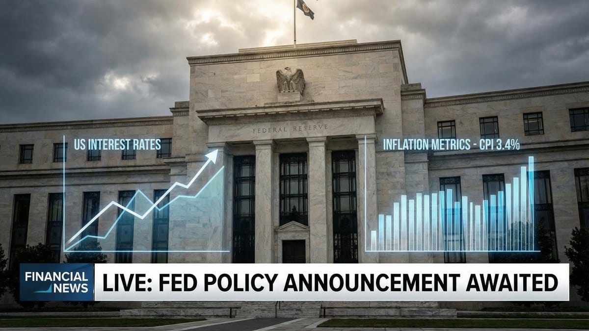 Federal Reserve building with interest rate and inflation data overlays