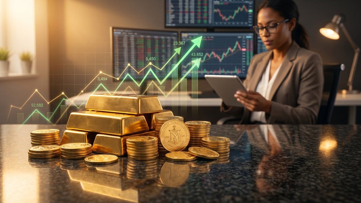 Gold bars and coins with financial chart showing upward price movement - April 2026