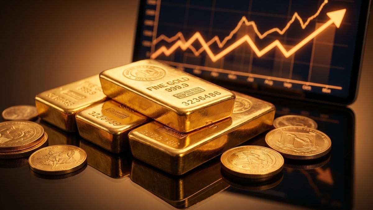 Gold bullion bars and coins with upward trending price chart