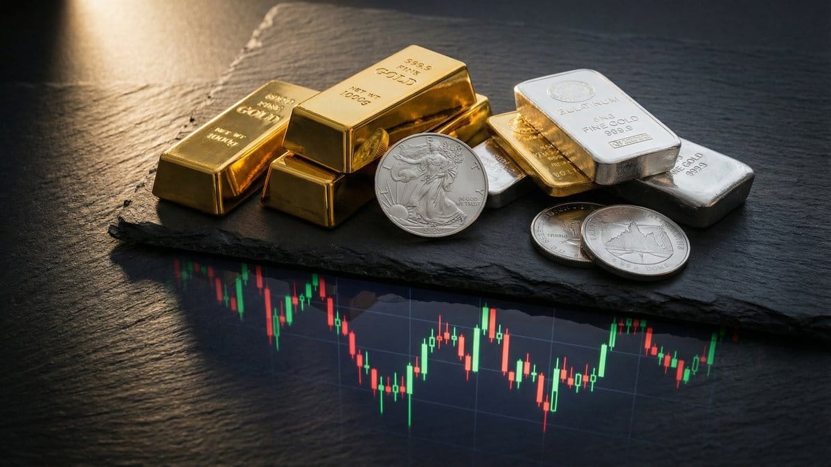 Silver coins and platinum bars representing the precious metals market on April 13, 2026