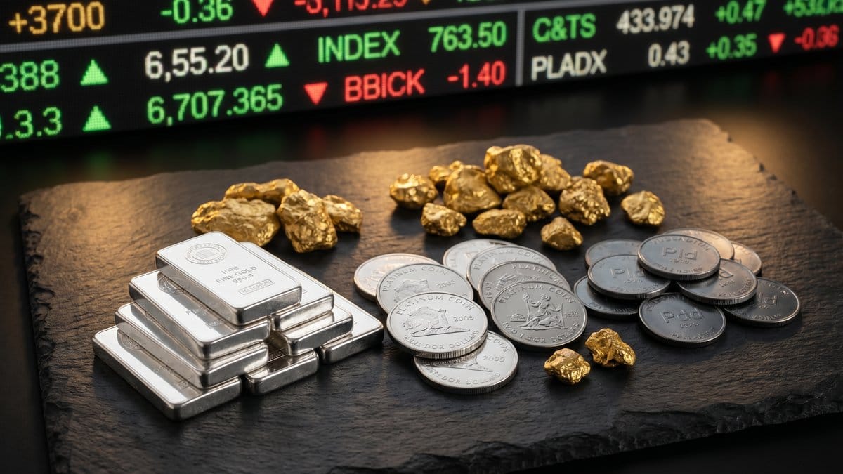 Silver bars, platinum coins, palladium rounds and gold nuggets with stock market ticker
