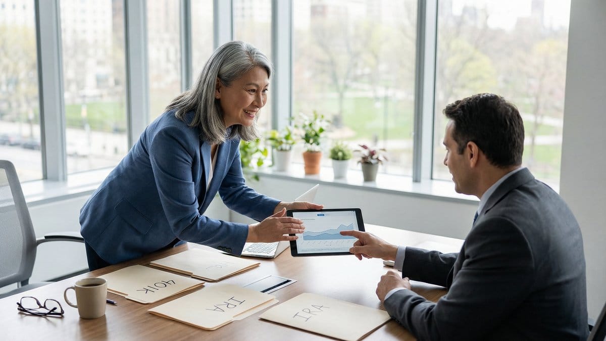 A financial advisor reviewing a retirement portfolio with a client in a professional office setting
