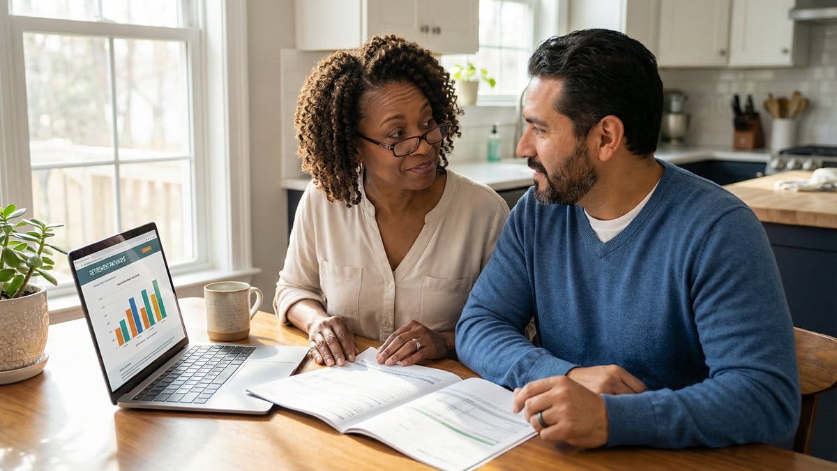 A diverse couple reviewing their 2026 retirement savings plan together at home