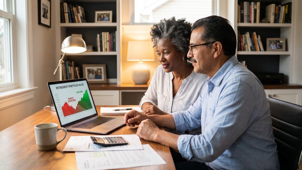A diverse couple reviewing retirement portfolio charts showing market downturn and recovery on a laptop