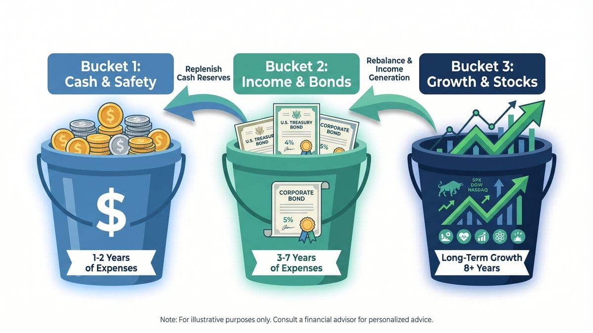 The Three-Bucket Retirement Strategy showing Bucket 1 Cash and Safety, Bucket 2 Income and Bonds, and Bucket 3 Growth and Stocks