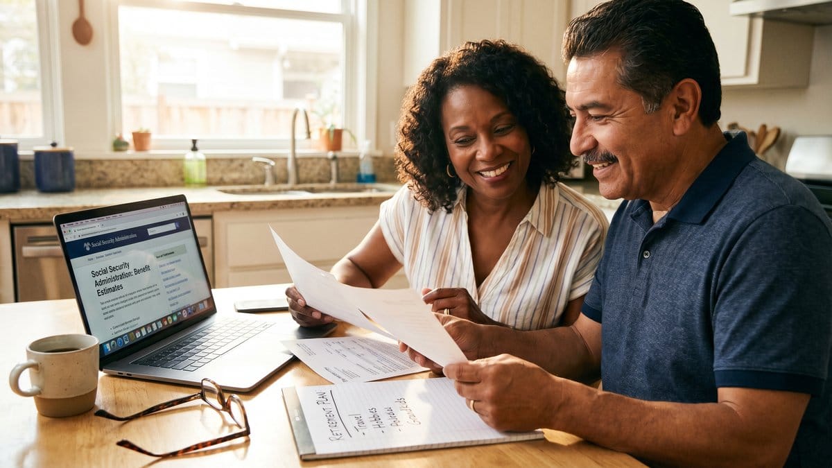 A married couple reviewing Social Security benefit estimates together at home