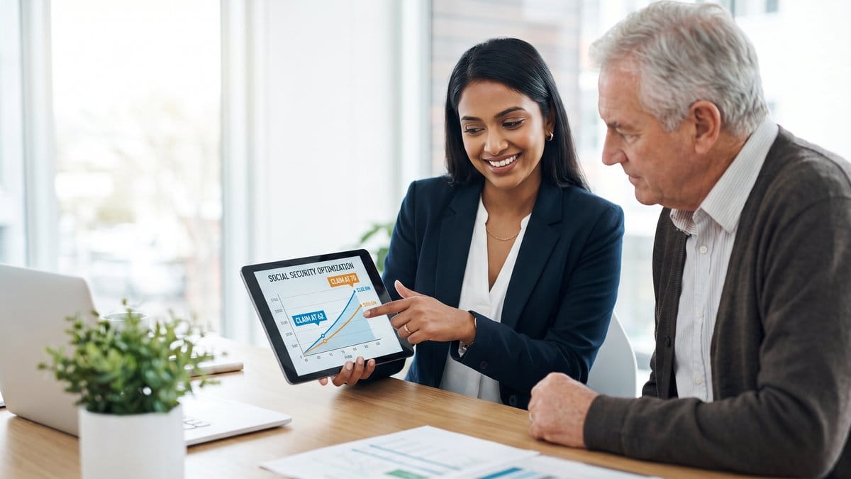A financial advisor showing a Social Security optimization chart to a retirement client