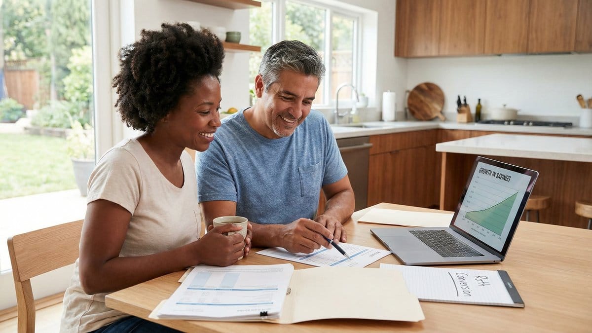 Couple reviewing Roth conversion retirement planning documents at home